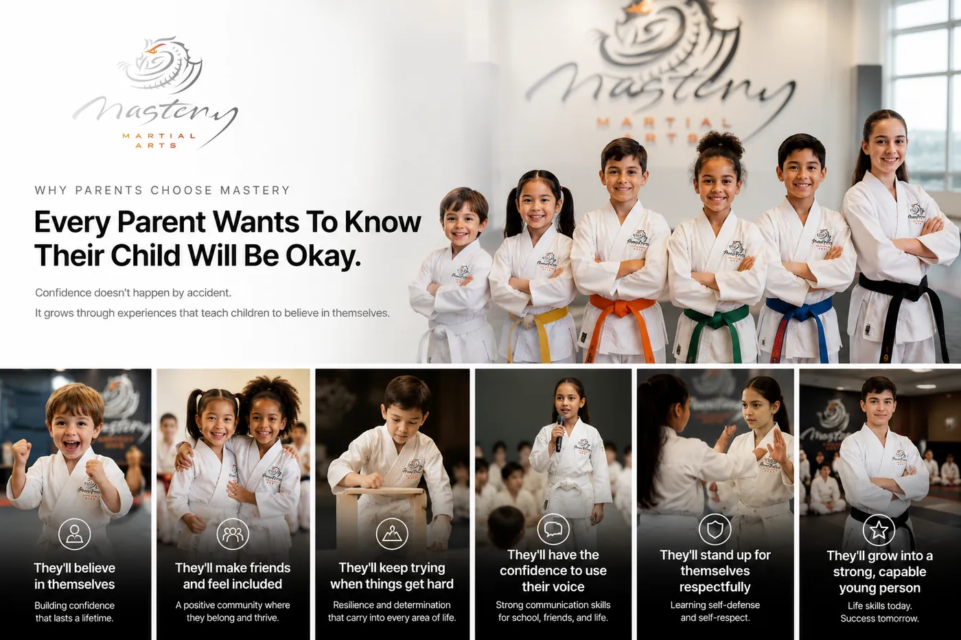 Children building confidence, friendships, leadership, resilience, and self-belief through Mastery Martial Arts™.