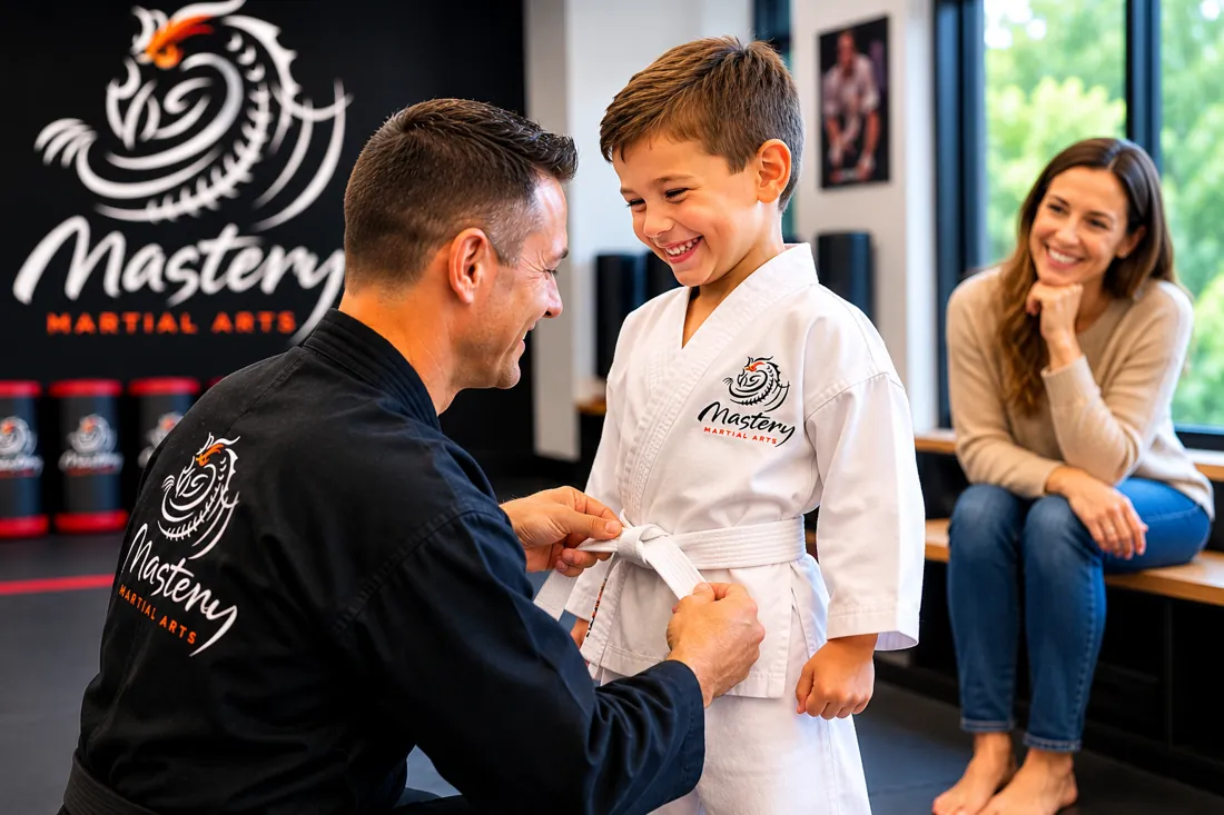 A proud young Johnston student in a white karate gi at Mastery Martial Arts