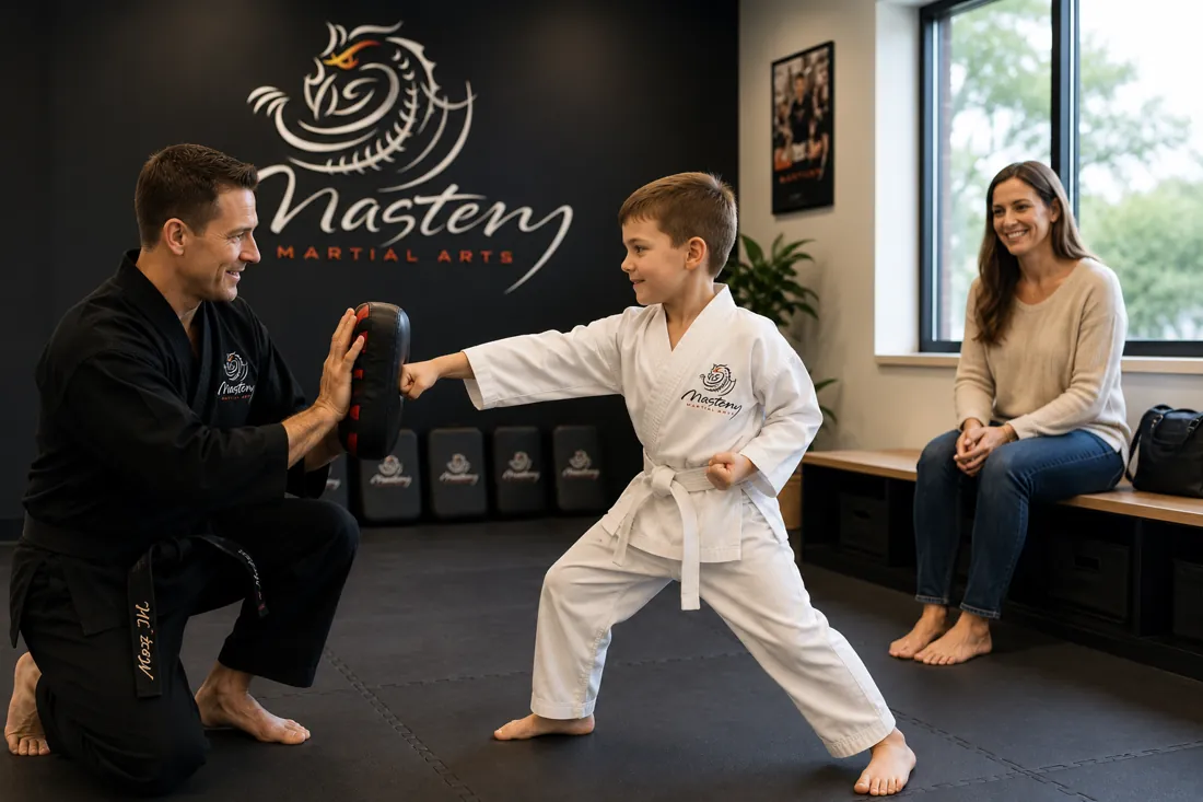 A young student in a gi enjoying their first private introductory lesson with a Mastery instructor