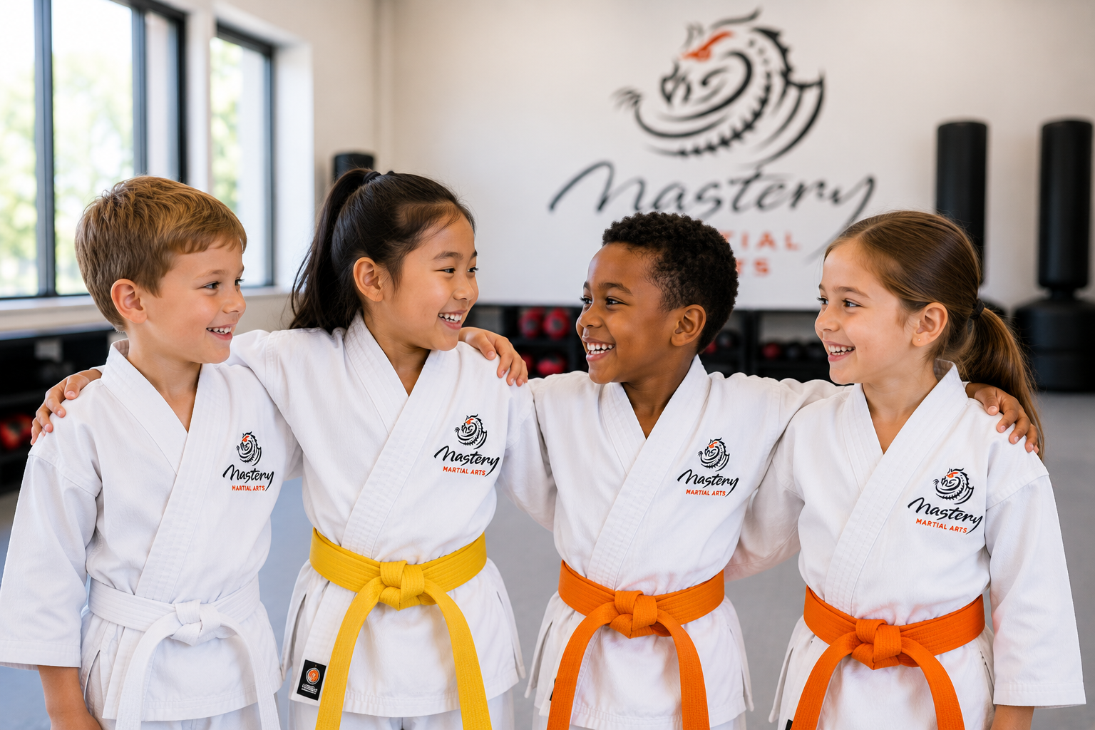 Children smiling and supporting each other in a Mastery Martial Arts class