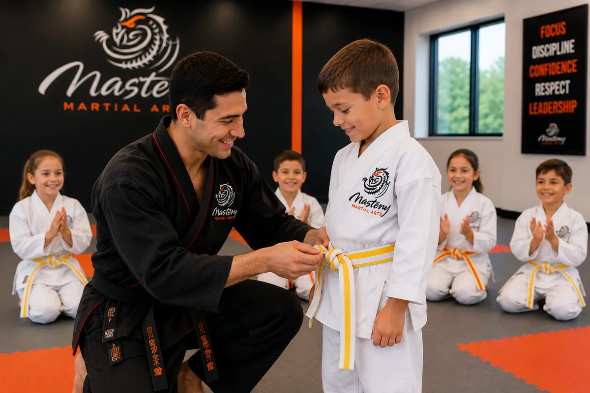 Kids martial arts class practicing focus and listening with their instructor