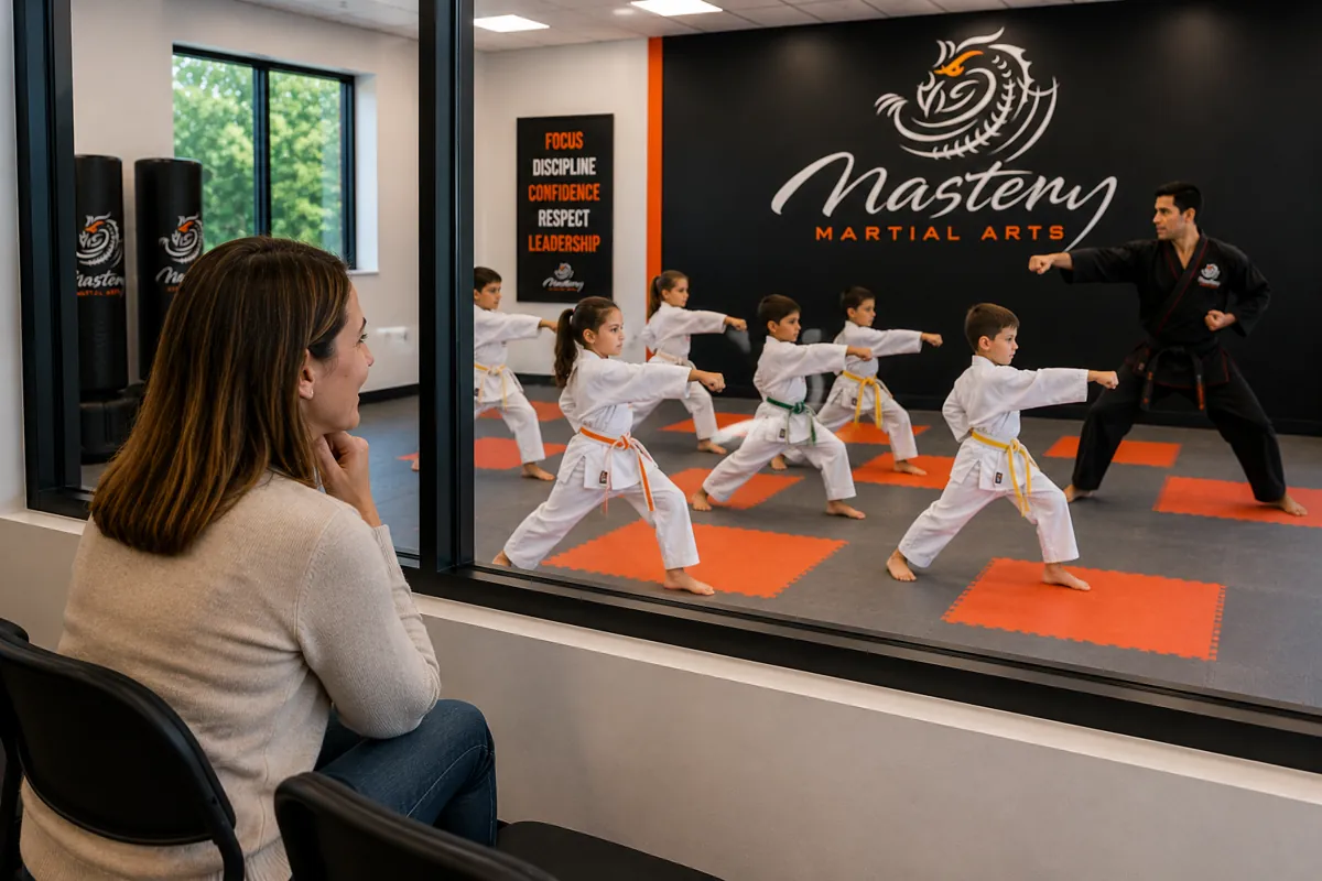 Kids martial arts students training together and building friendships at Mastery