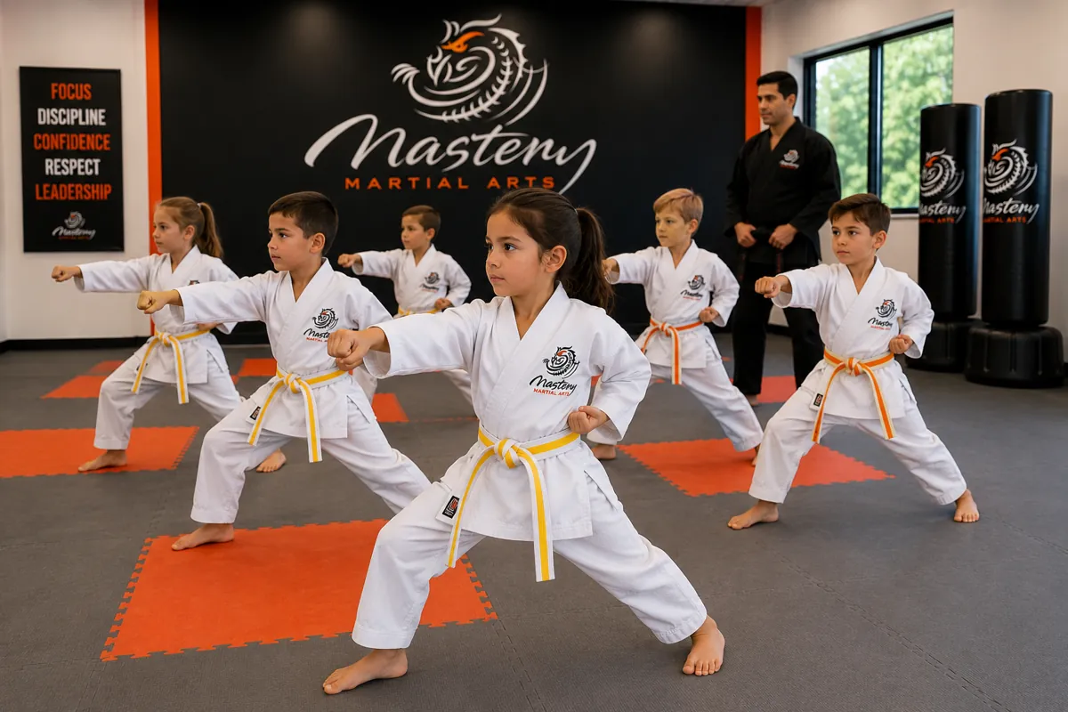 Kids practicing martial arts together and learning resilience through repetition