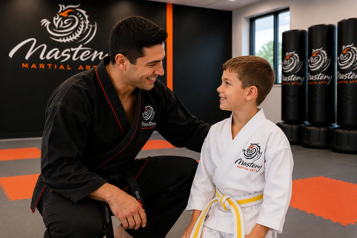 Instructor coaching a kids martial arts student to stand with strong posture