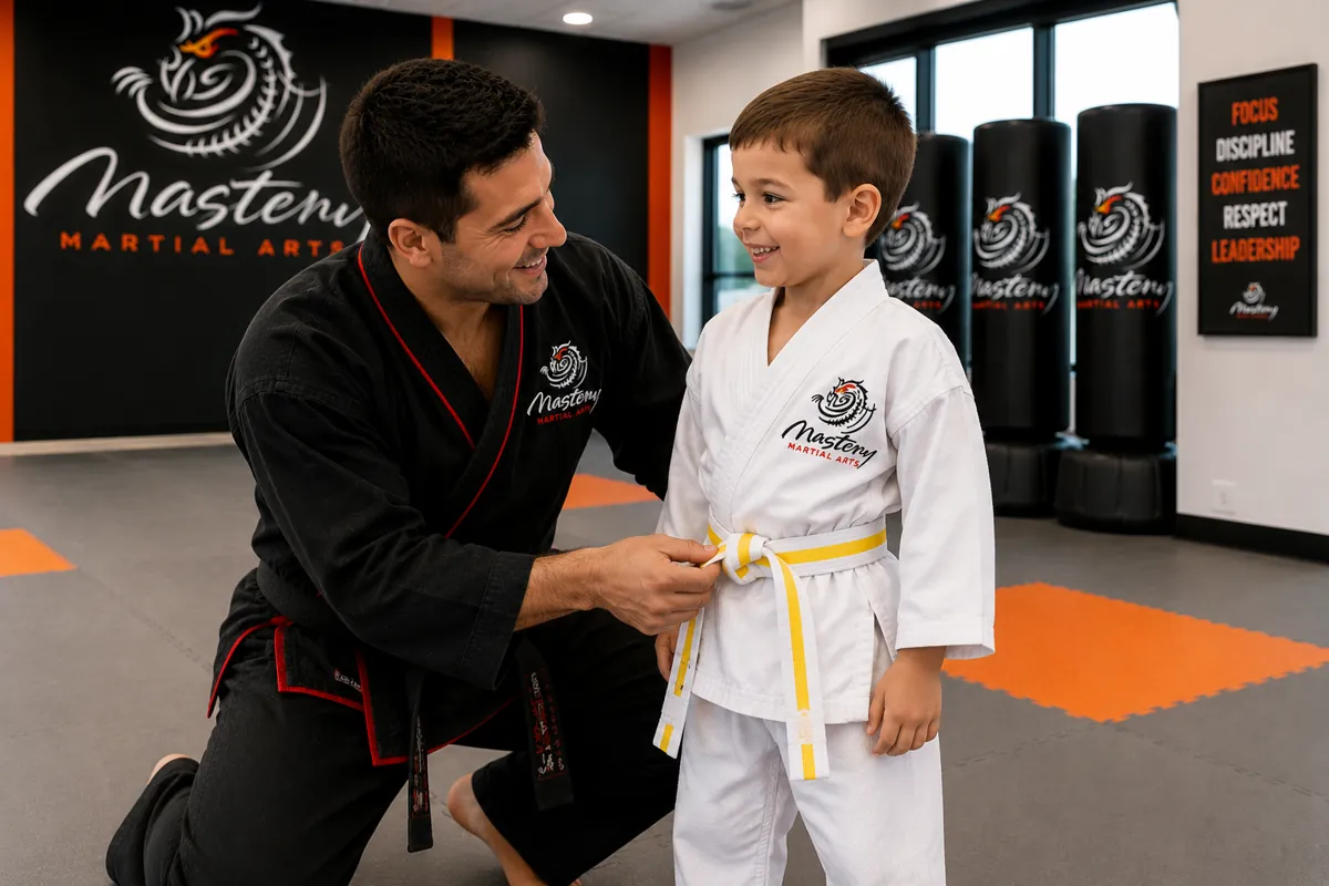 Mastery Martial Arts instructor in a black uniform helping a Little Dragons student in a white uniform and double yellow stripe belt
