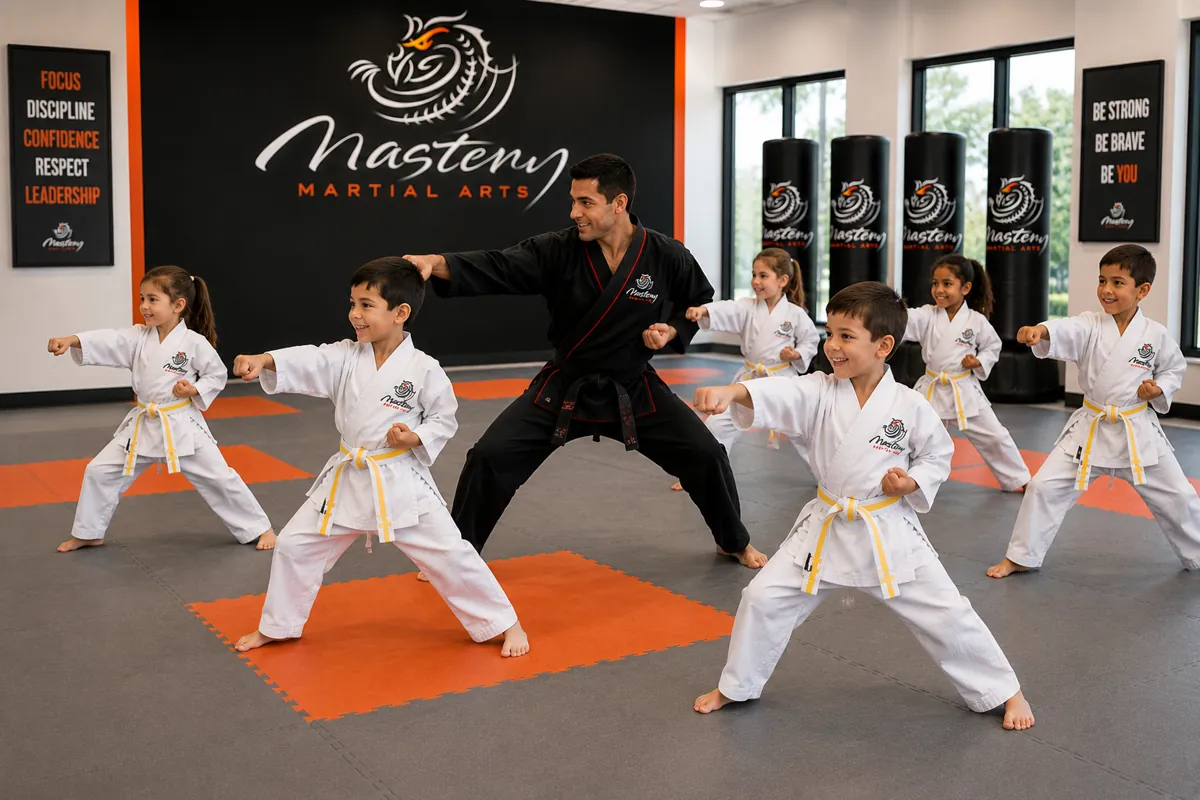 Little Dragons students lined up in their spots ready to practice at Mastery Martial Arts