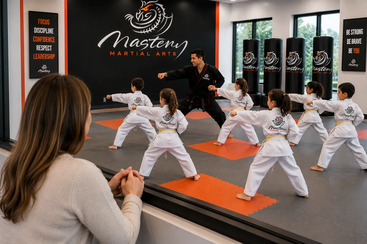 Little Dragons students sitting attentively during instruction at Mastery Martial Arts