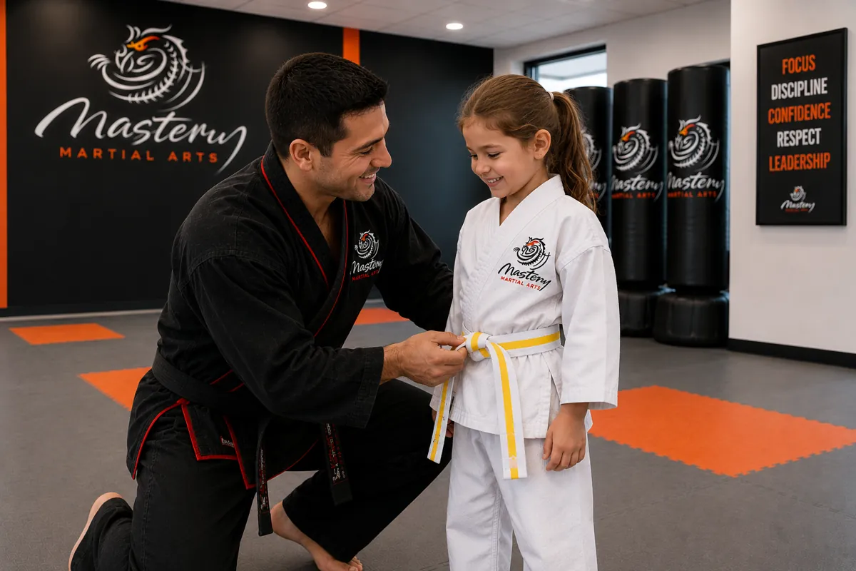 Mastery Martial Arts instructor helping a Little Dragons student earn a stripe during class