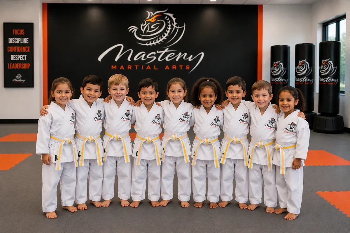 Little Dragons students standing tall together at the end of class at Mastery Martial Arts