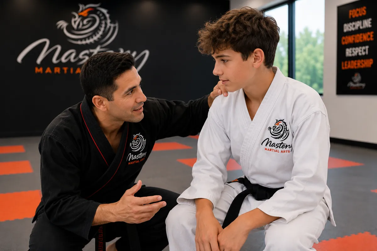 Instructor coaching a pre-teen martial arts student during class