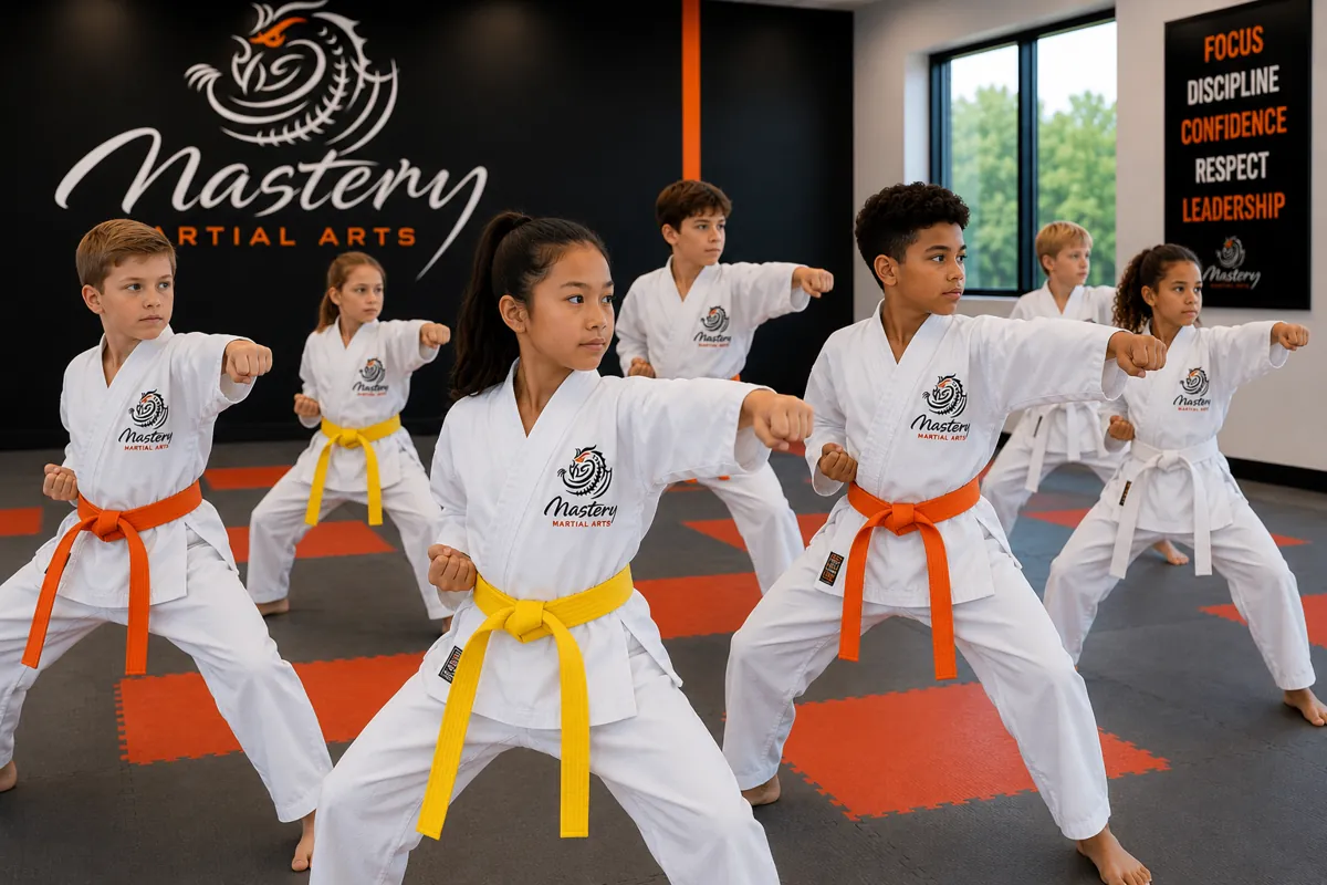 Pre-teen martial arts class practicing discipline and follow-through