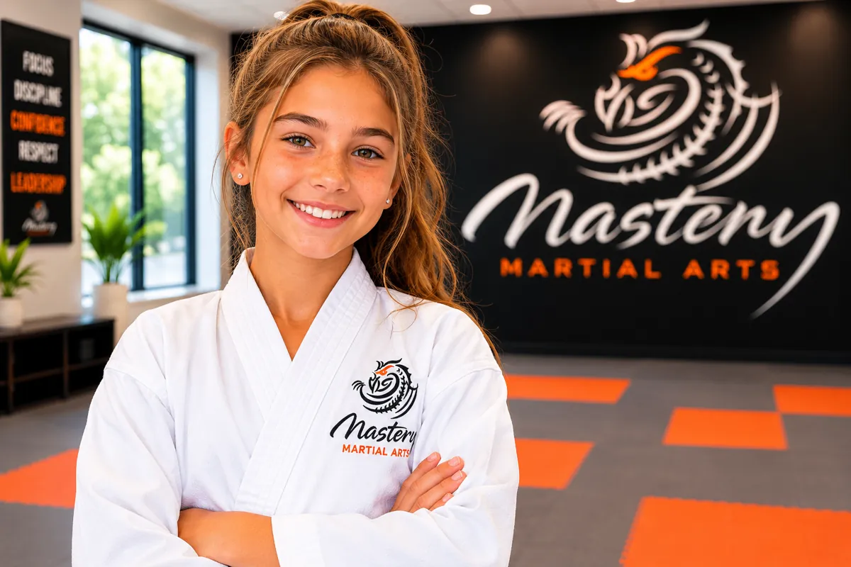 Pre-teen martial arts student preparing for the teenage years with confidence