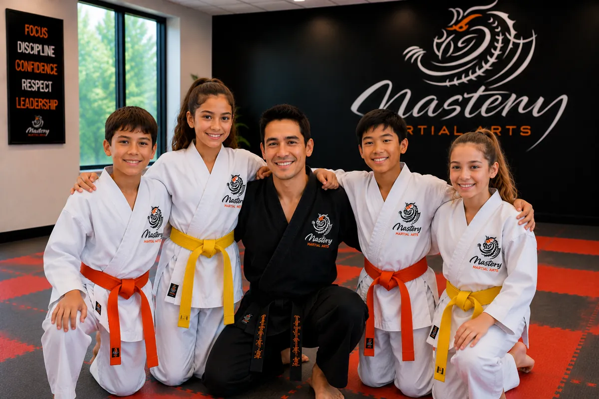 Pre-teen martial arts students building friendships and social confidence