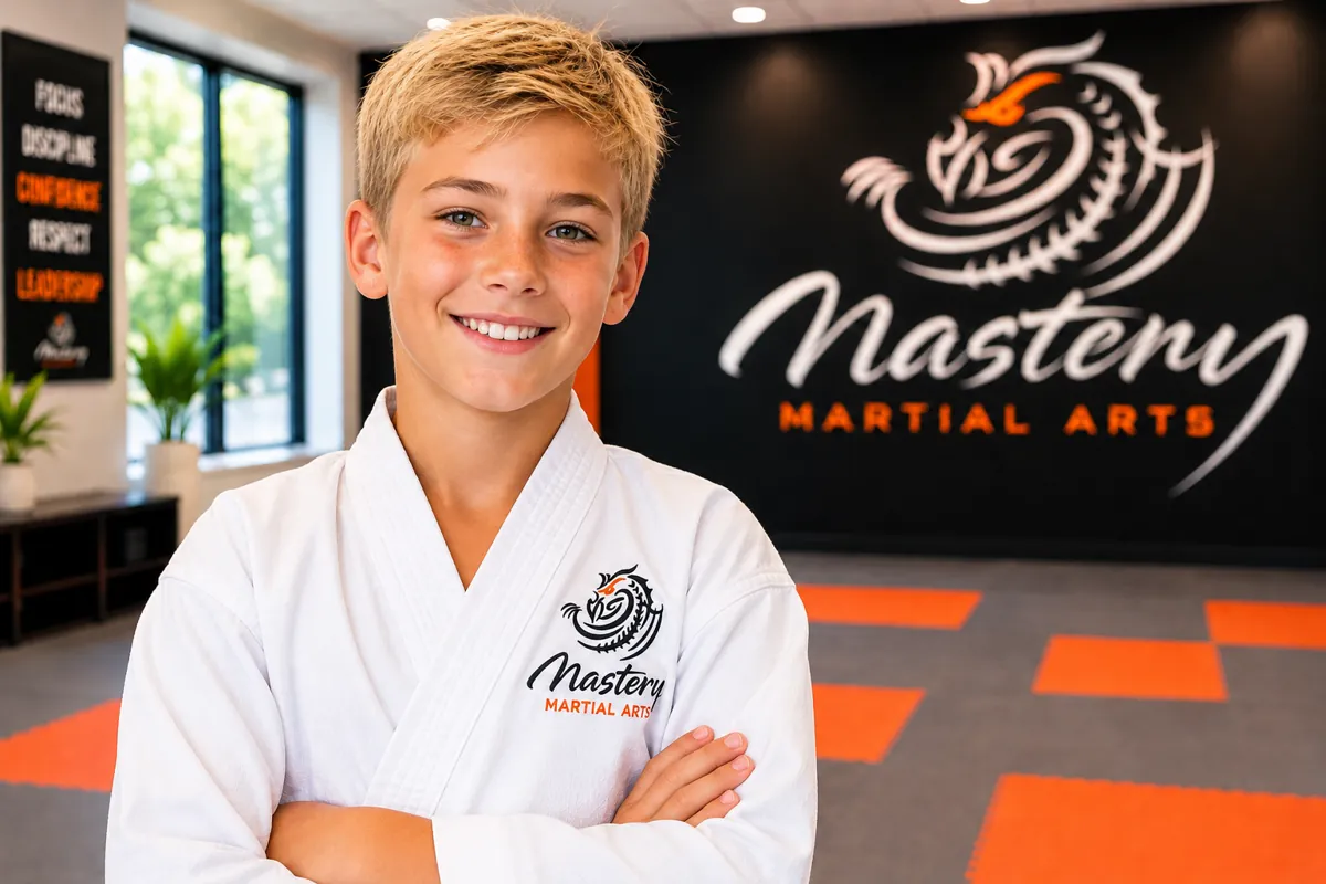 Pre-teen martial arts student smiling confidently in front of Mastery Martial Arts logo