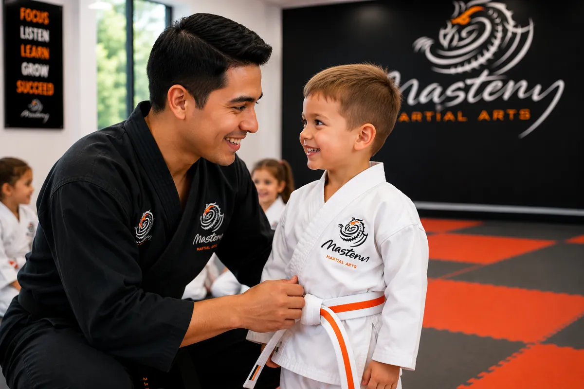 Young Tiny Tigers white belt student smiling proudly with an instructor
