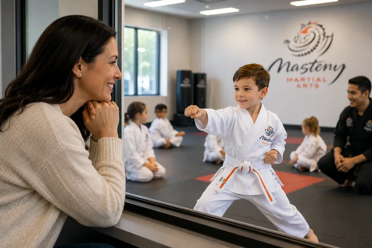 Parent watching a young child practice Tiny Tigers martial arts with pride
